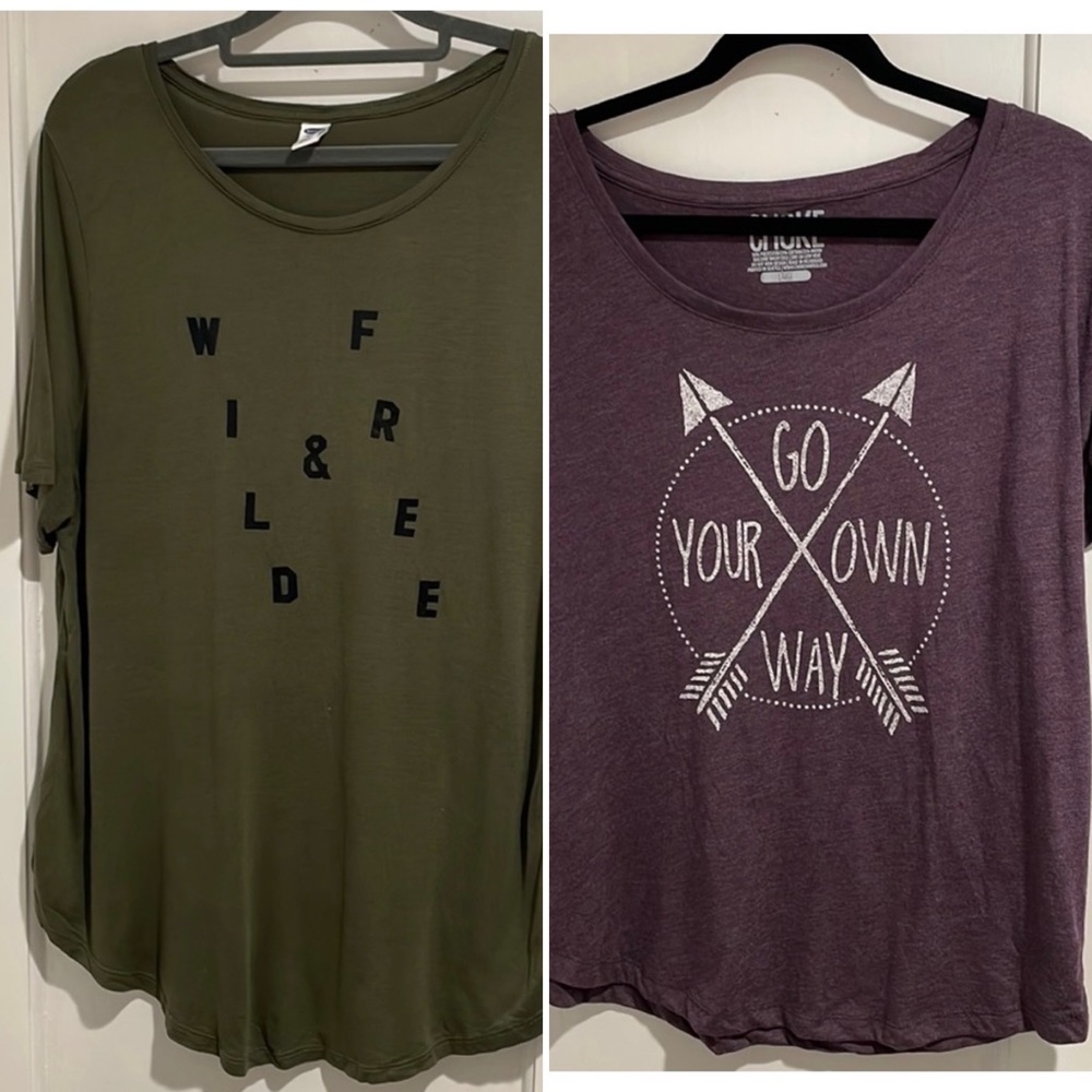 2 shirts. Purple Go Your Own Way and Green Wild and Free